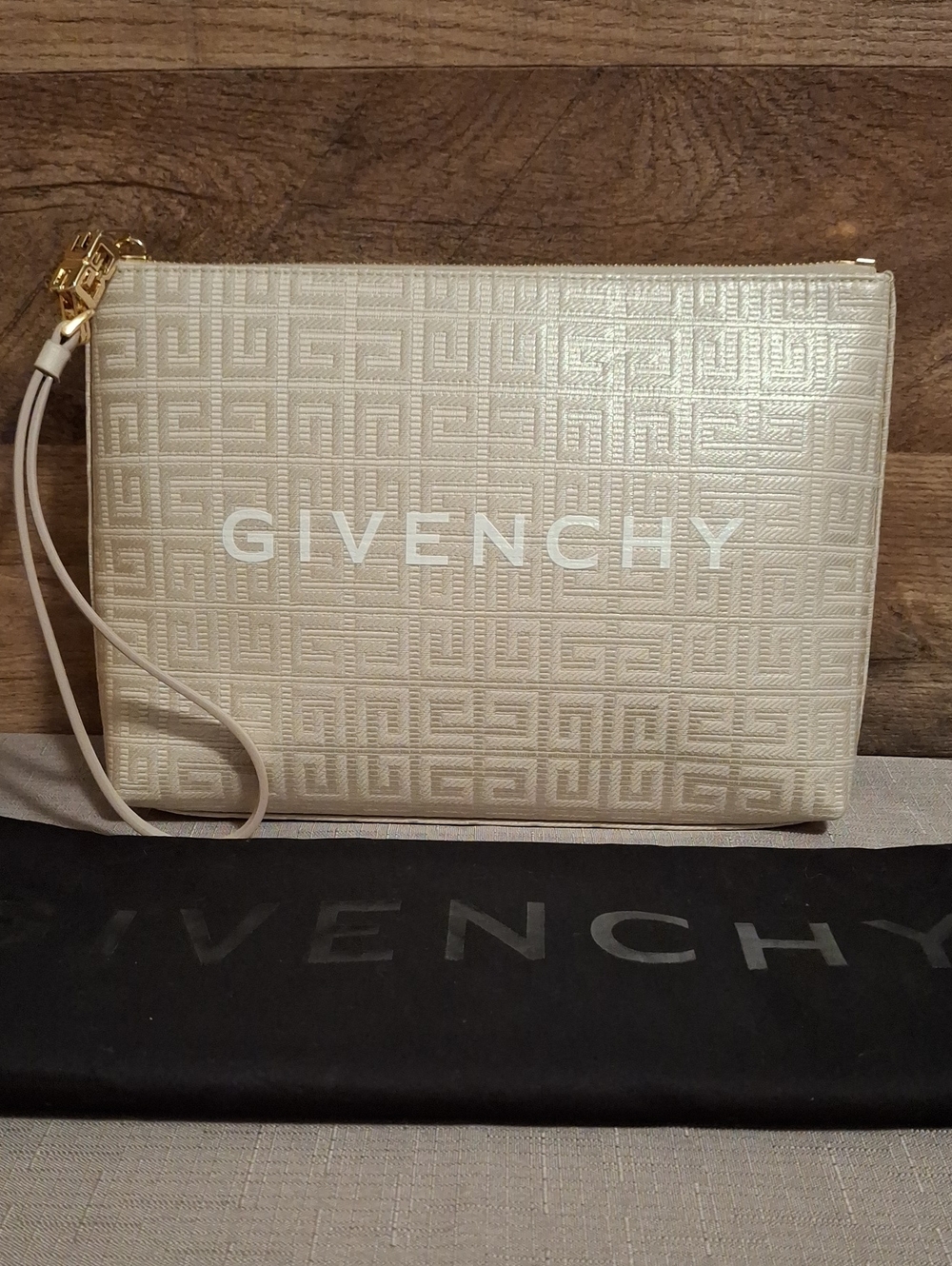 Givenchy Cream Monogram Wristlet Clutch with Gold Hardware